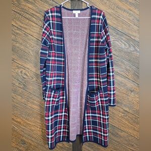 Plaid Open Front Cardigan in Navy and Red